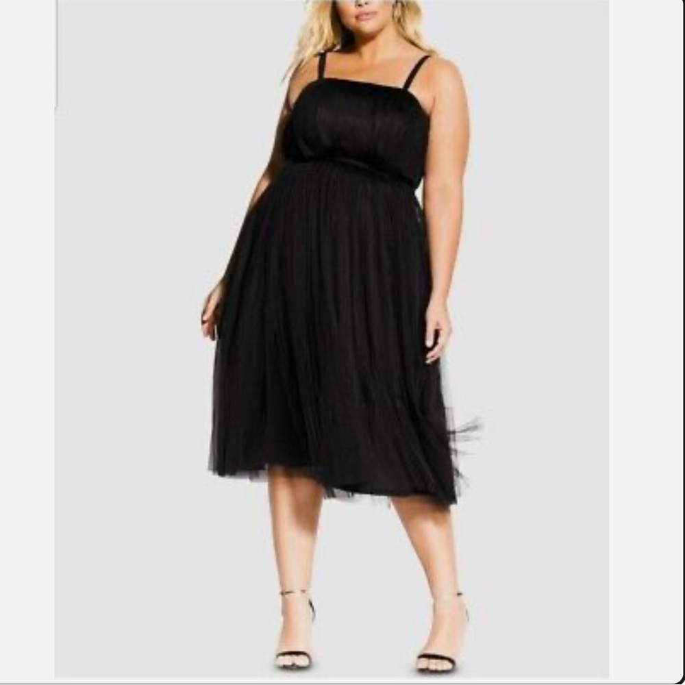 City Chic Elegant Black Tulle Midi Dress